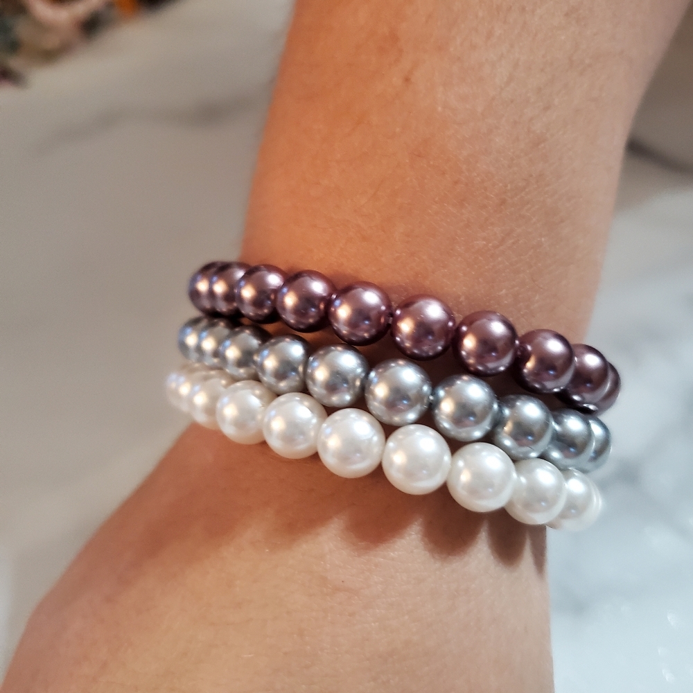 3 Faux Multi-Color Pearl Stretch Bracelets